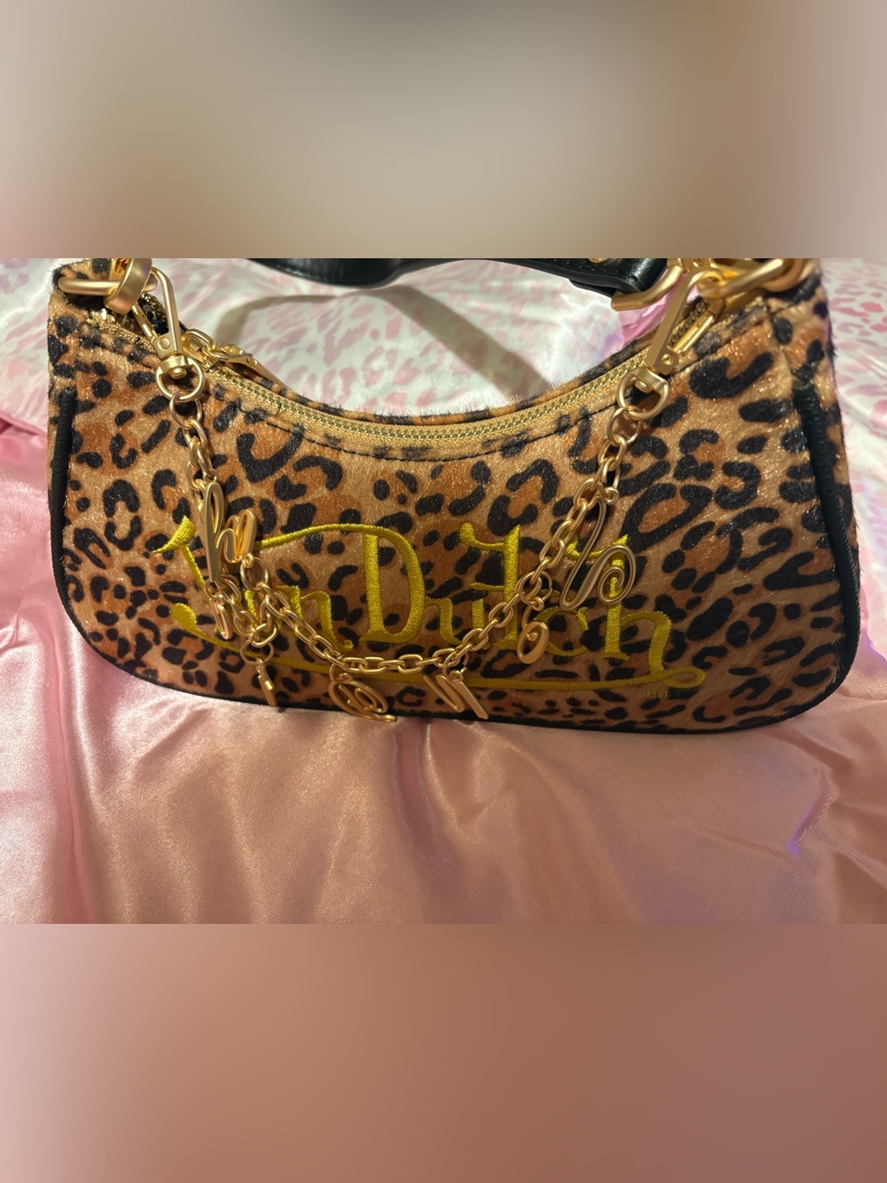 Von Dutch Leopard Print Shoulder Bag with Gold Chain Accents